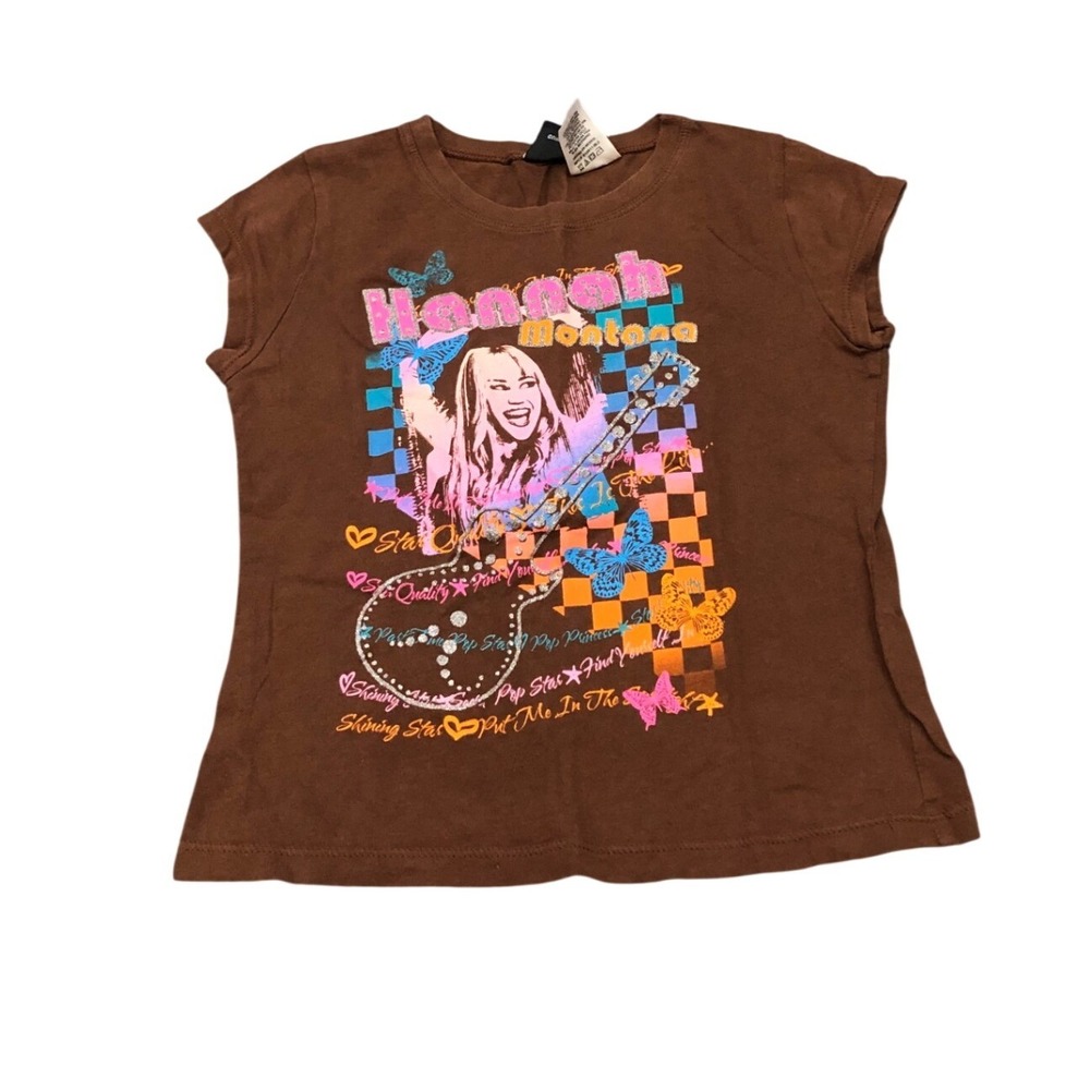 Y2K Disney Hannah Montana T-Shirt Brown‎ Graphic Cap Sleeve Girls L Baby Tee
